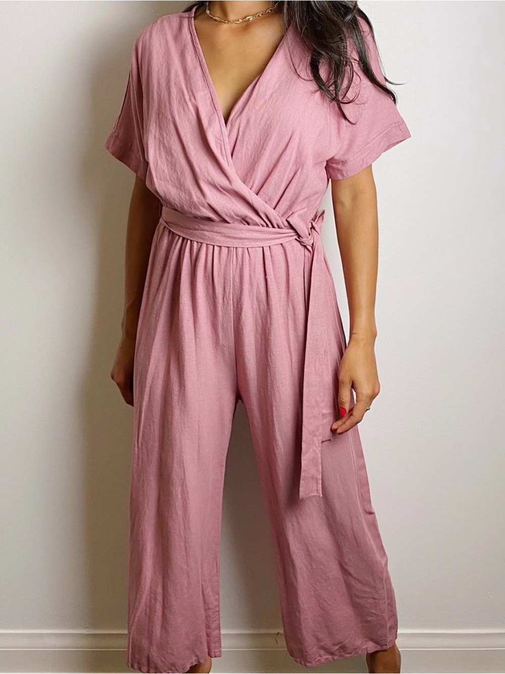 Ces Femme Dusty Rose Wrap Jumpsuit with Waist Tie
